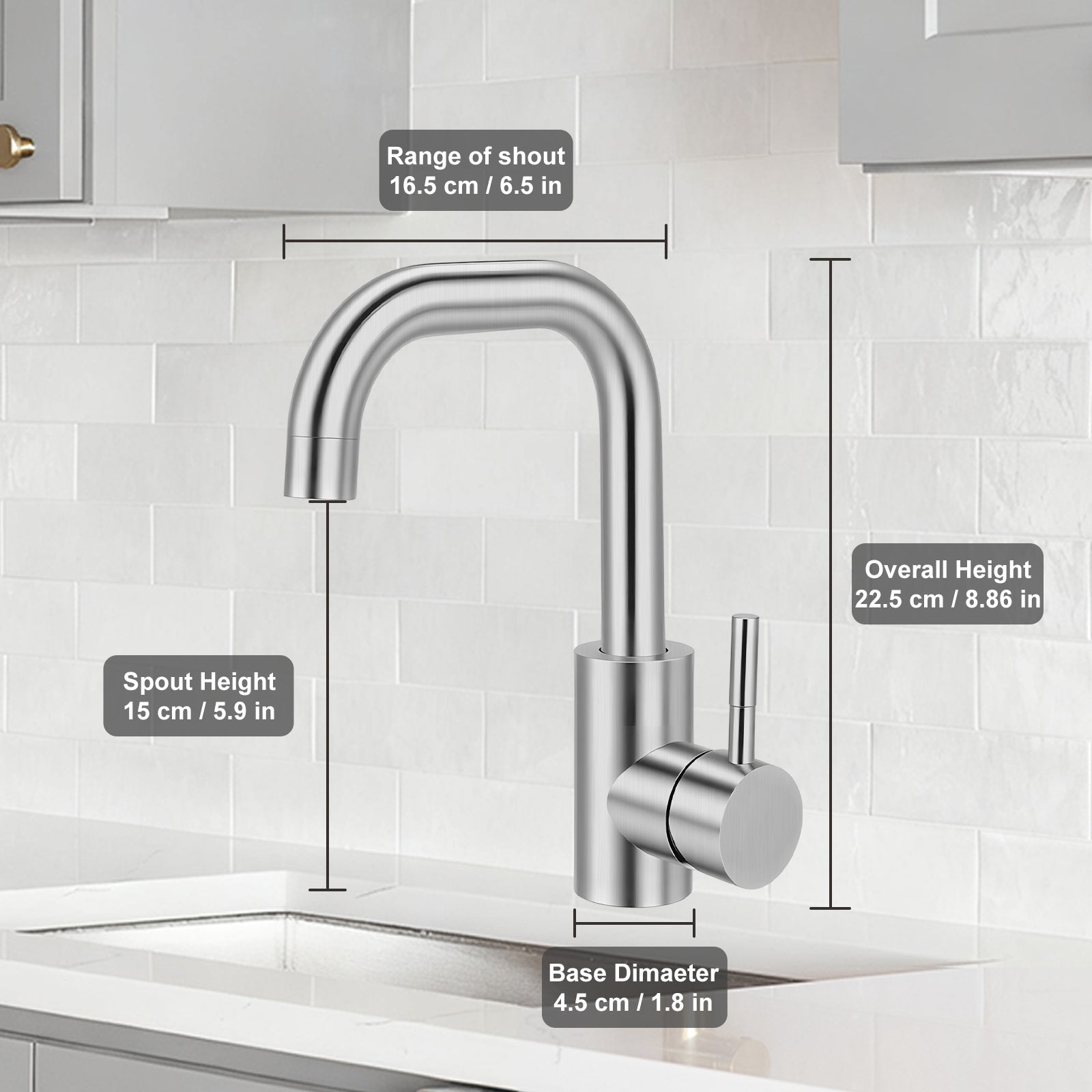 Chrome kitchen faucet with measurements on a tiled wall background
