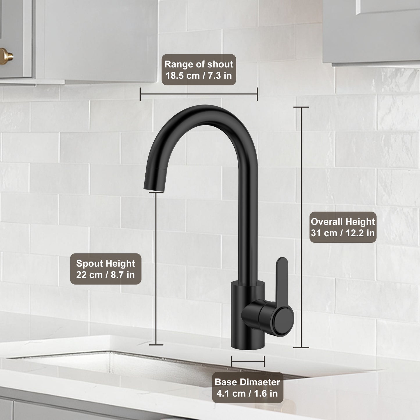 Black kitchen faucet with measurements on a tiled wall background