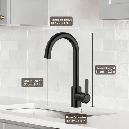 Black kitchen faucet with measurements on a tiled wall background