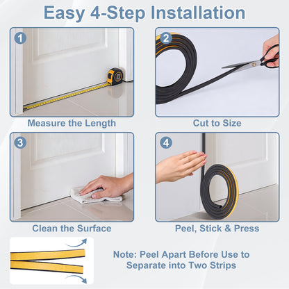 Step-by-step installation guide for a product with images of measuring, cutting, cleaning, and applying the product.