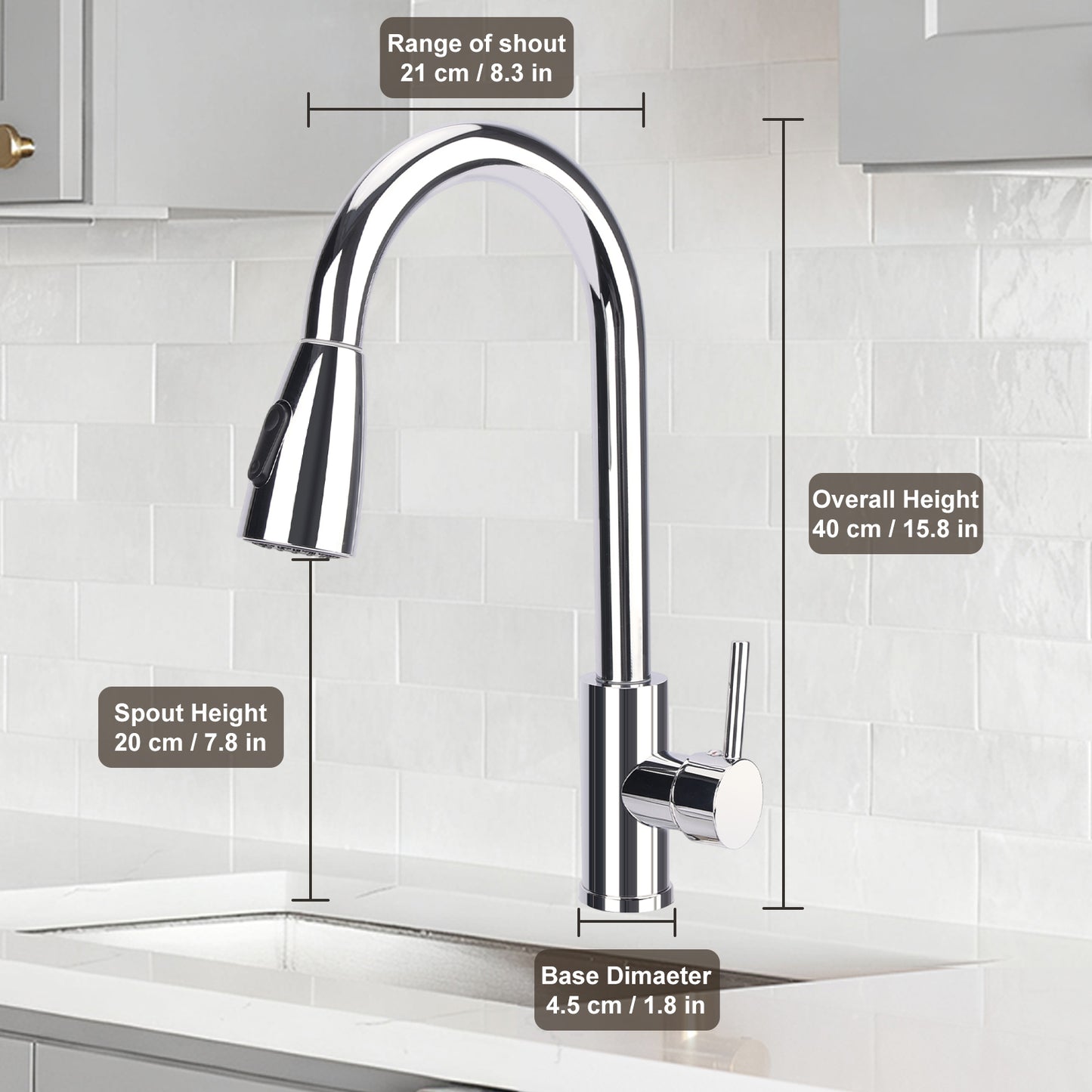 Chrome kitchen faucet with measurements labeled on a tiled wall background