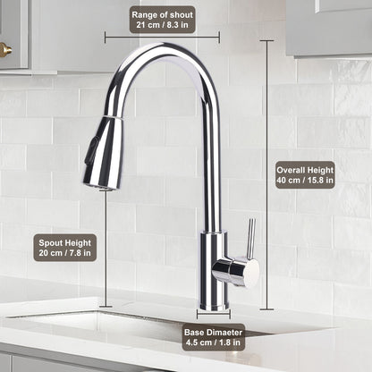 Chrome kitchen faucet with measurements labeled on a tiled wall background