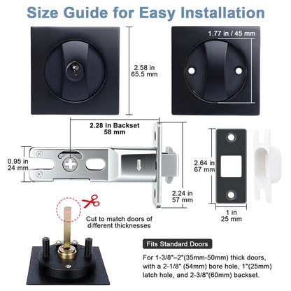Size guide for door lock installation with dimensions and components on a white background