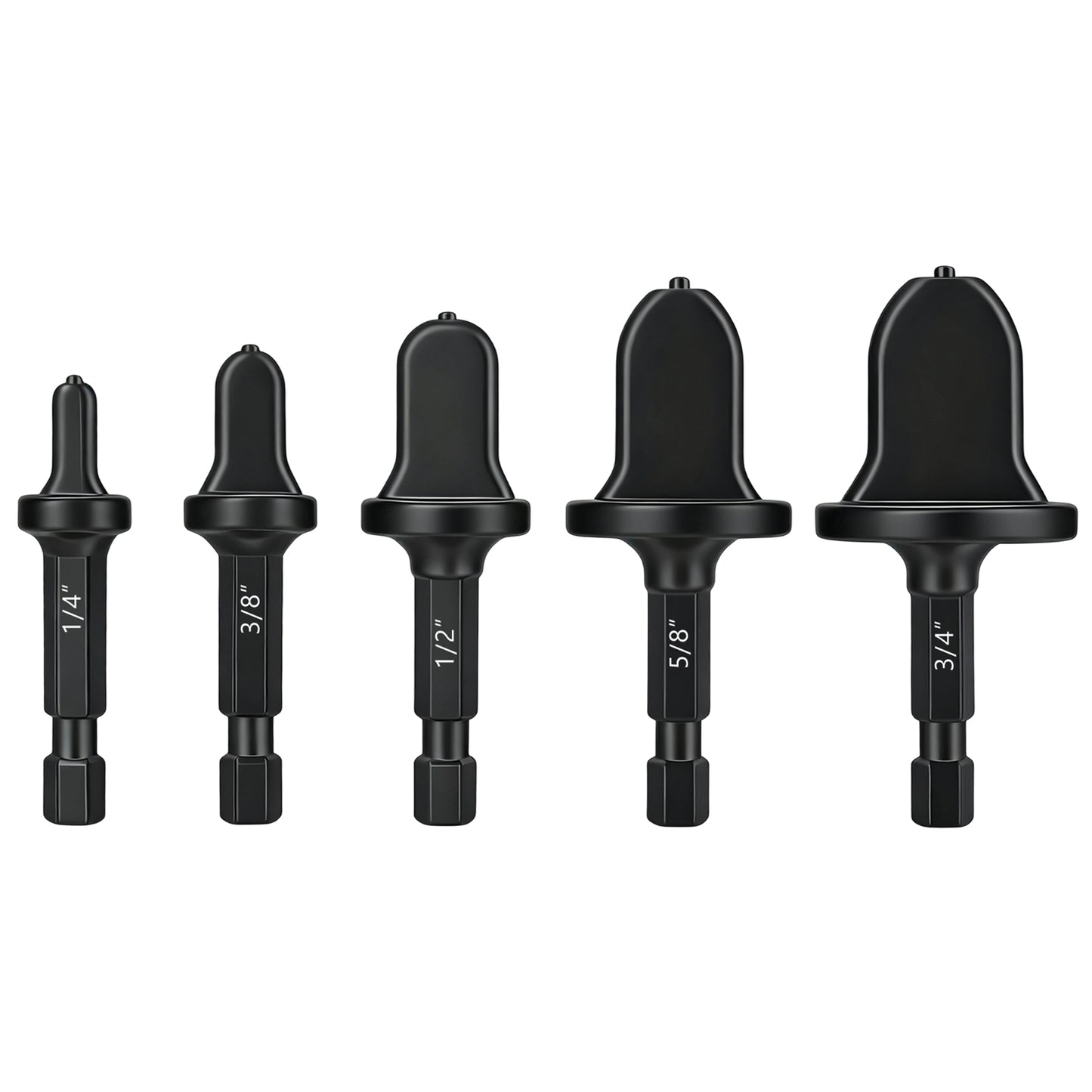 Set of five black drill bits with varying sizes on a white background