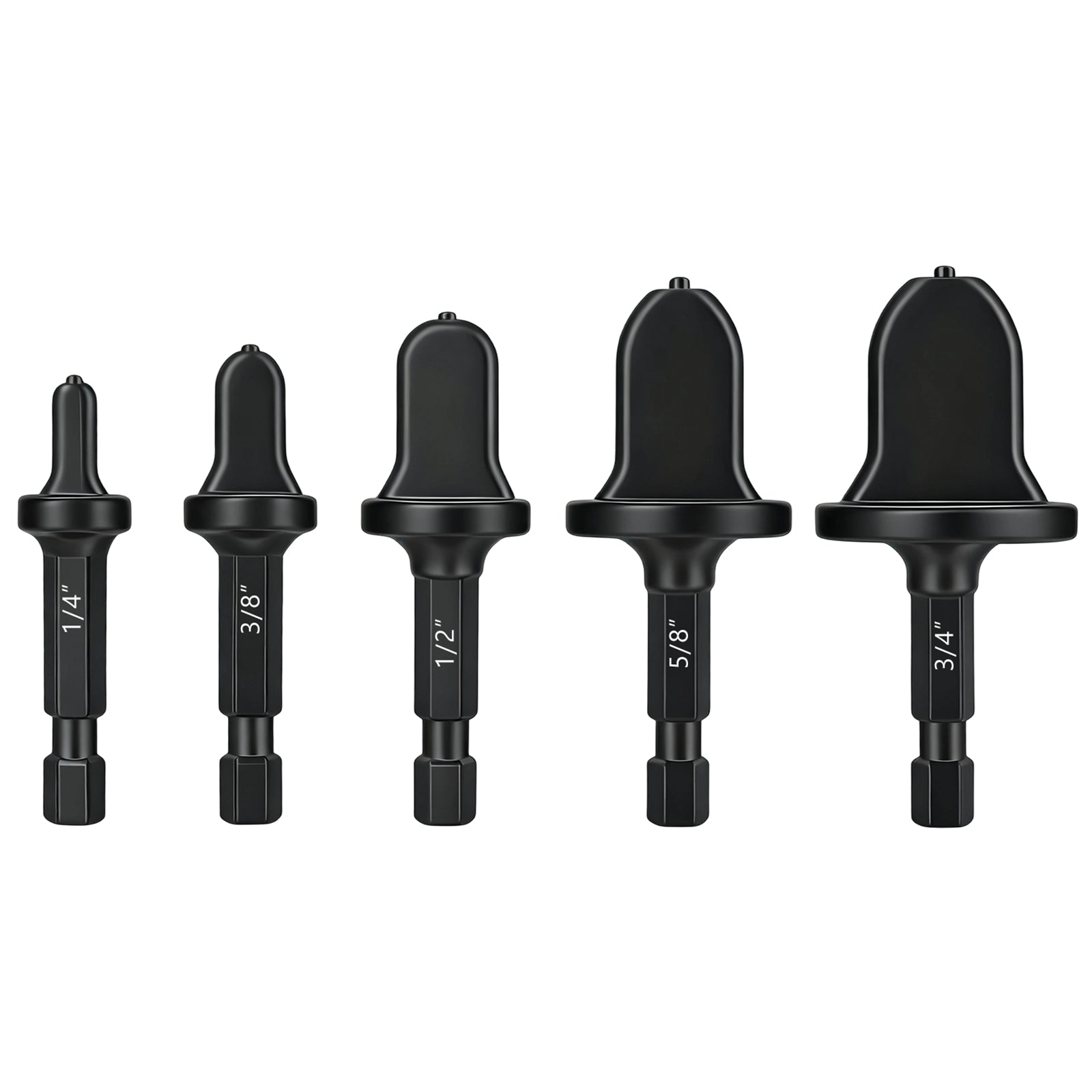 Set of five black drill bits with varying sizes on a white background