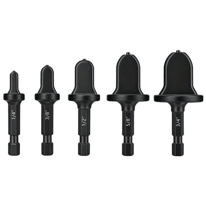 Set of five black drill bits with varying sizes on a white background