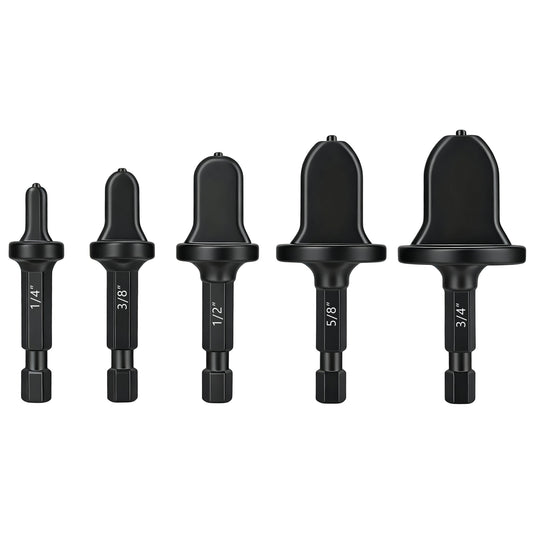 Set of five black drill bits with varying sizes on a white background