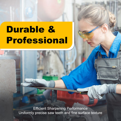 Person in a workshop sharpening a tool with text about durability and professional performance.