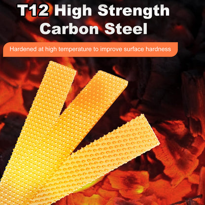 Yellow high-strength carbon steel strip with text on a fiery background