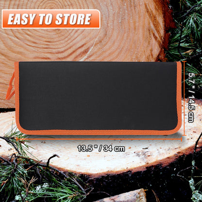 Black and orange pouch on a wooden surface with measurement details