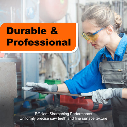 Person in a workshop sharpening a tool with text about durability and professional performance.