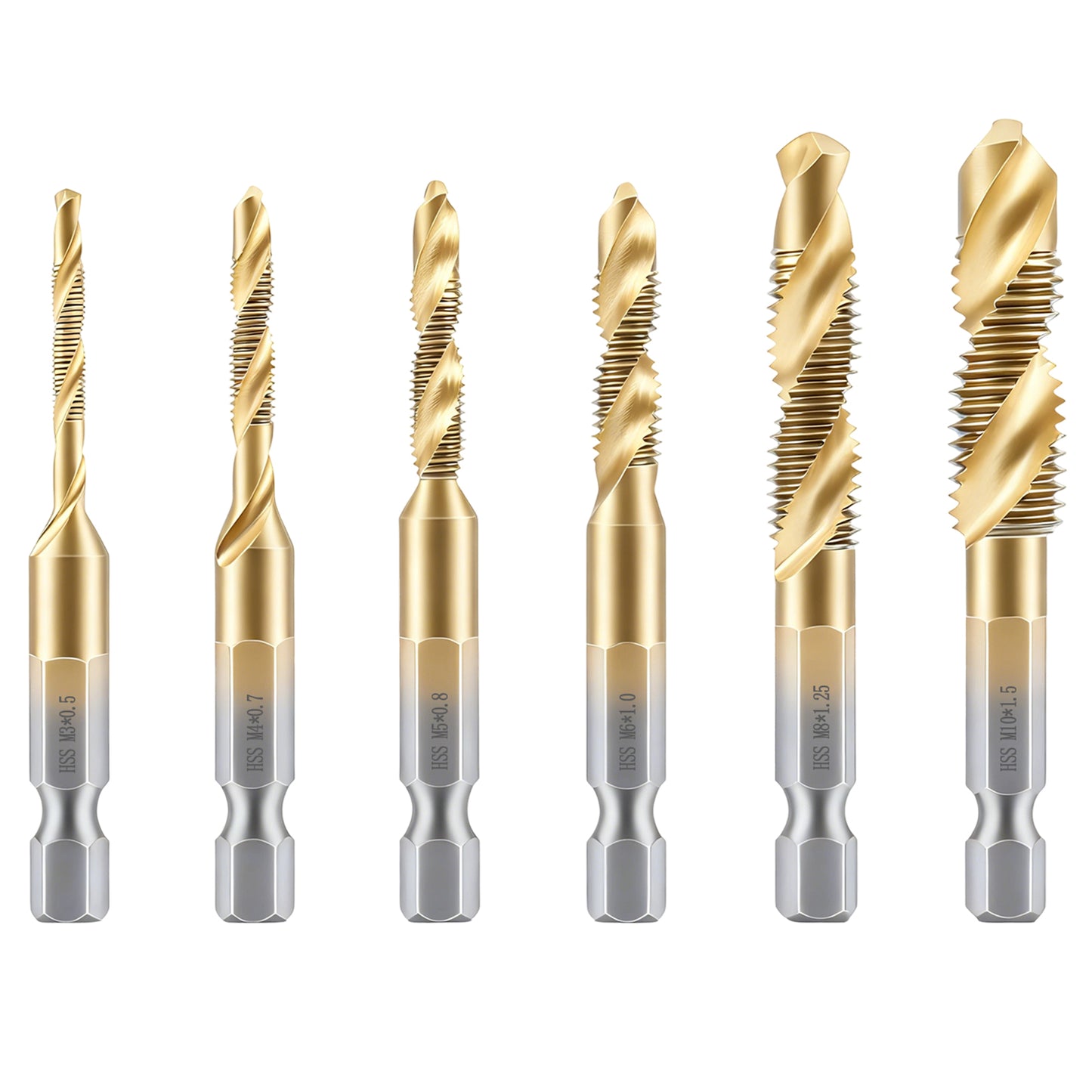 Set of seven drill bits with gold and silver design on a white background