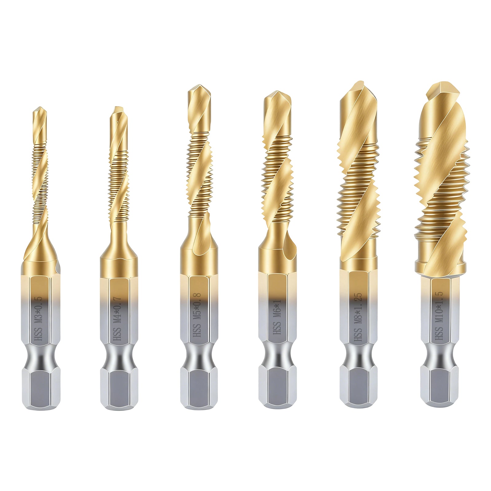 Set of six drill bits with gold and silver design on a white background