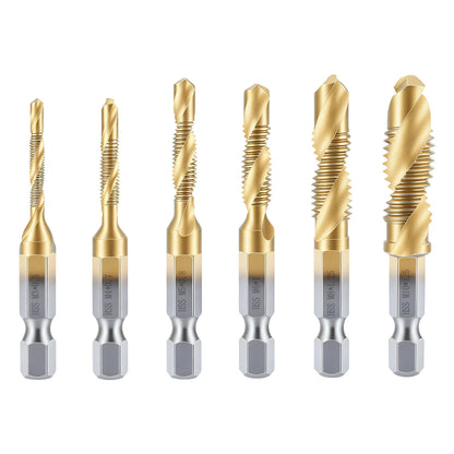 Set of six drill bits with gold and silver design on a white background