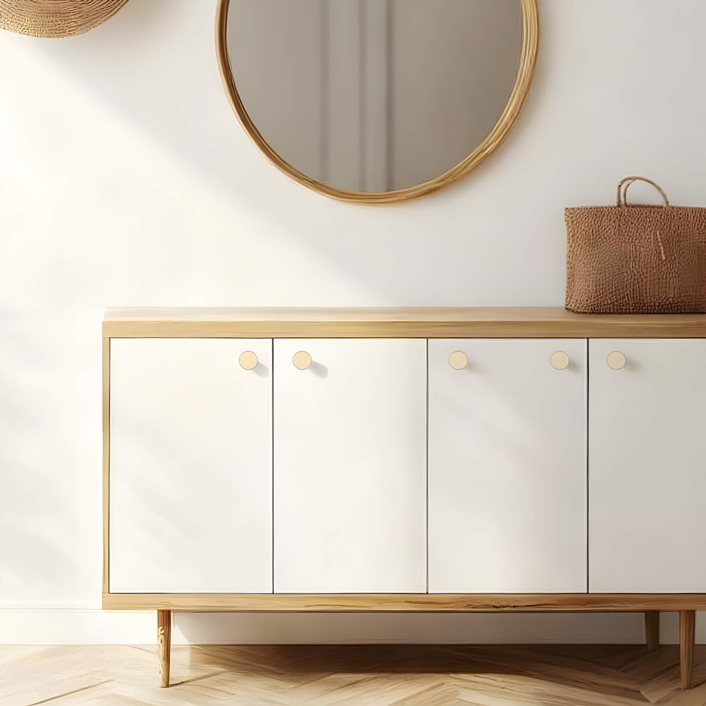 Wooden sideboard with white doors and a round mirror above it in a room.
