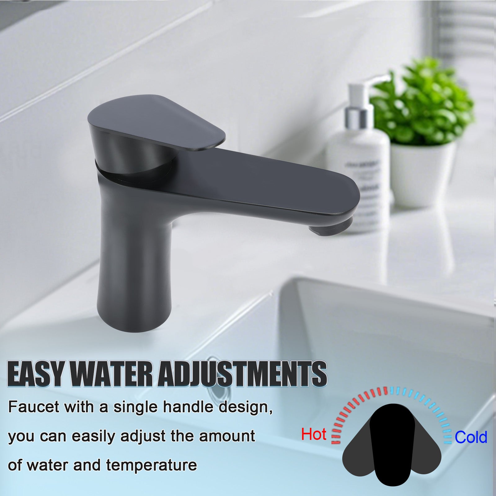 Black faucet on a sink with text about easy water adjustments