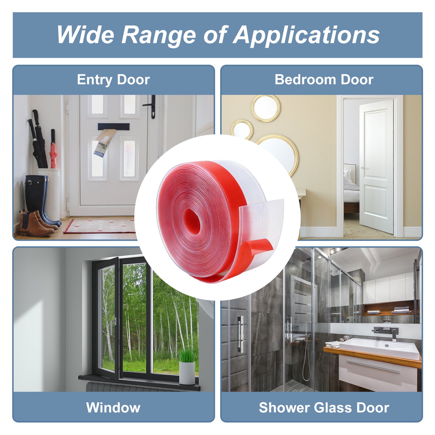 Roll of tape with text 'Wide Range of Applications' and images of various door types.