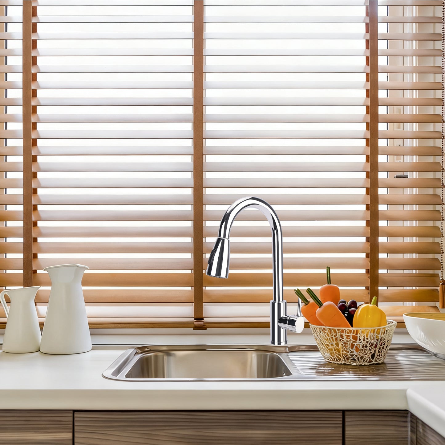 Kitchen sink with faucet and wooden blinds in the background