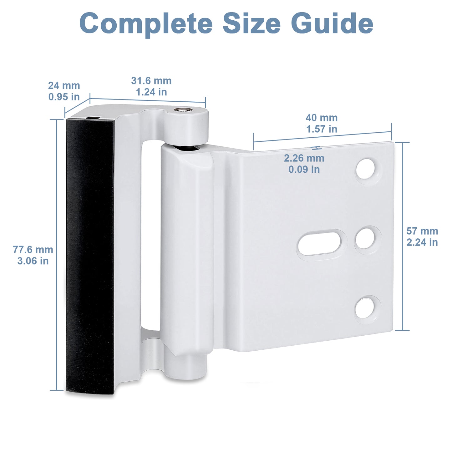 Measurement chart of a door hinge with dimensions labeled