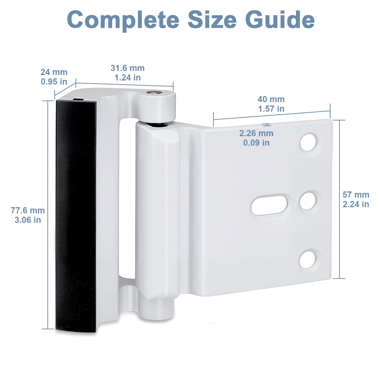 Measurement chart of a door hinge with dimensions labeled