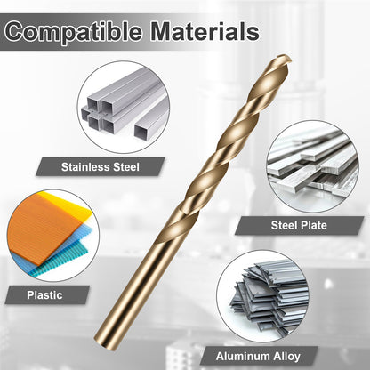 Gold drill bit with images of compatible materials including stainless steel, steel plate, plastic, and aluminum alloy on a gray background.