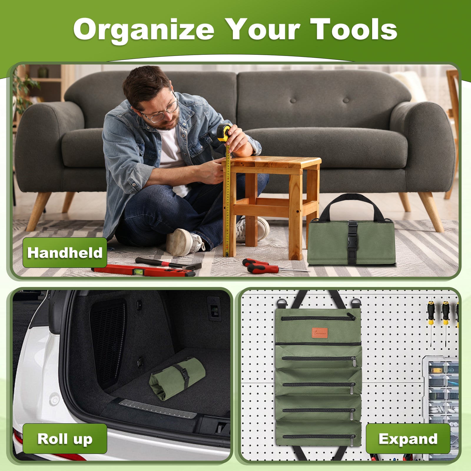 Man using a tool with a green toolbox, tool bag, and tool organizer in different settings.