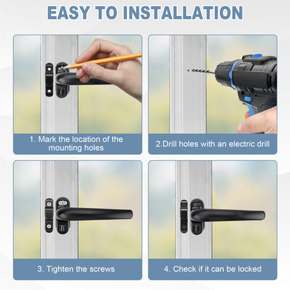 Installation guide graphic with four panels showing how to install a black window handle lockset: mark mounting holes, drill holes with an electric drill, tighten screws, and check locking function. Large text at the top reads 'EASY TO INSTALLATION'.