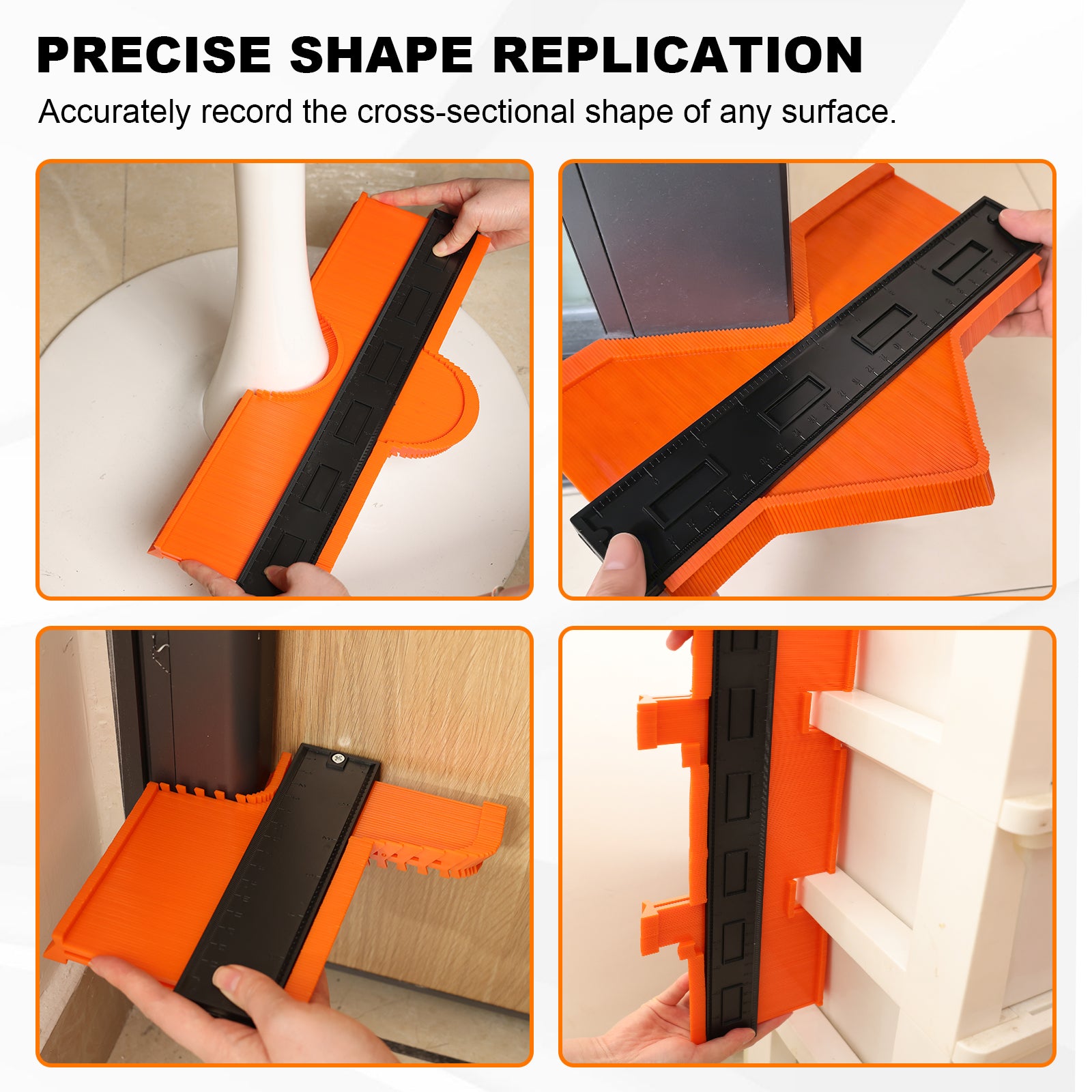 Orange and black tool used to replicate cross-sectional shapes on various surfaces.