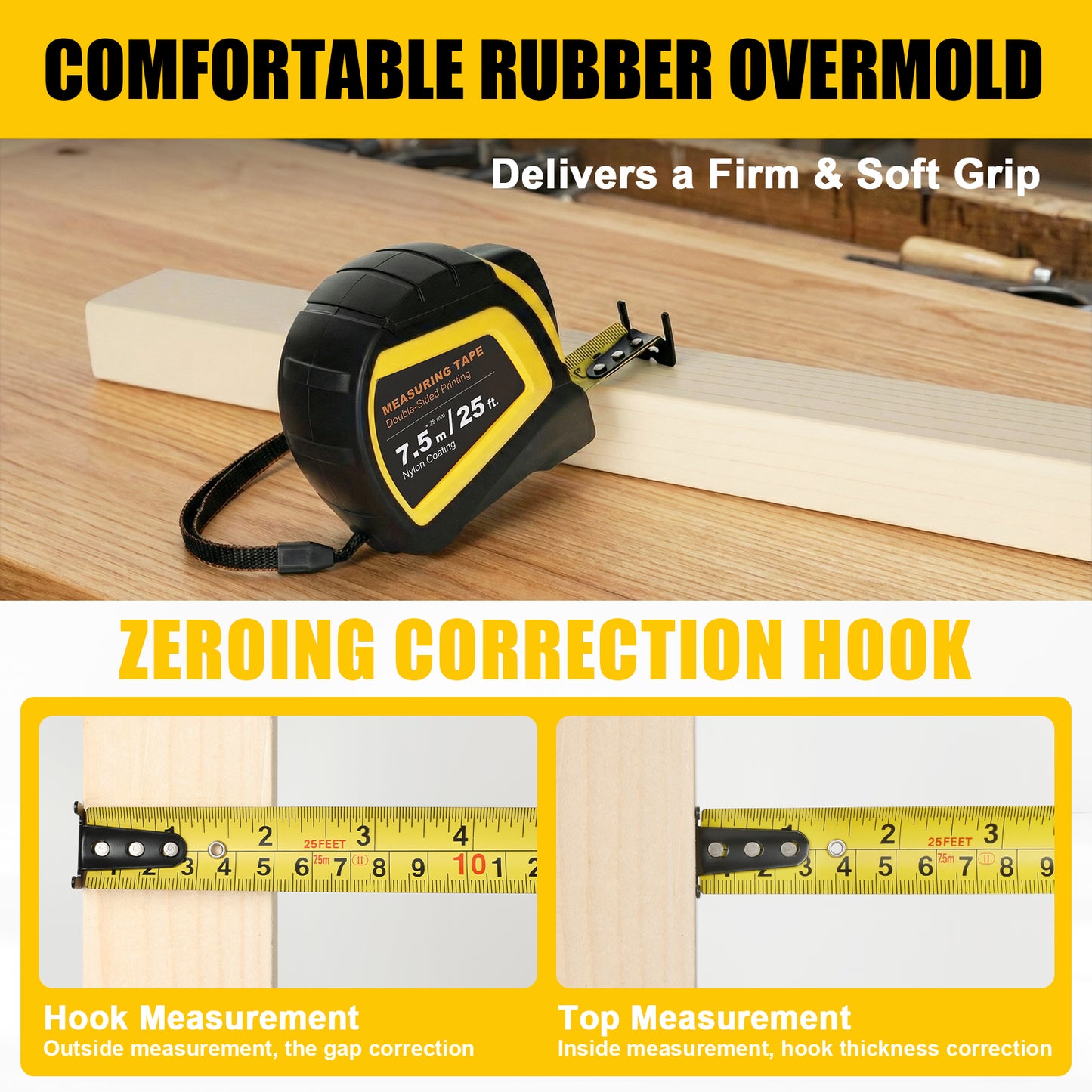 Measuring tape with comfortable rubber overmold and zeroing correction hook on a wooden surface.