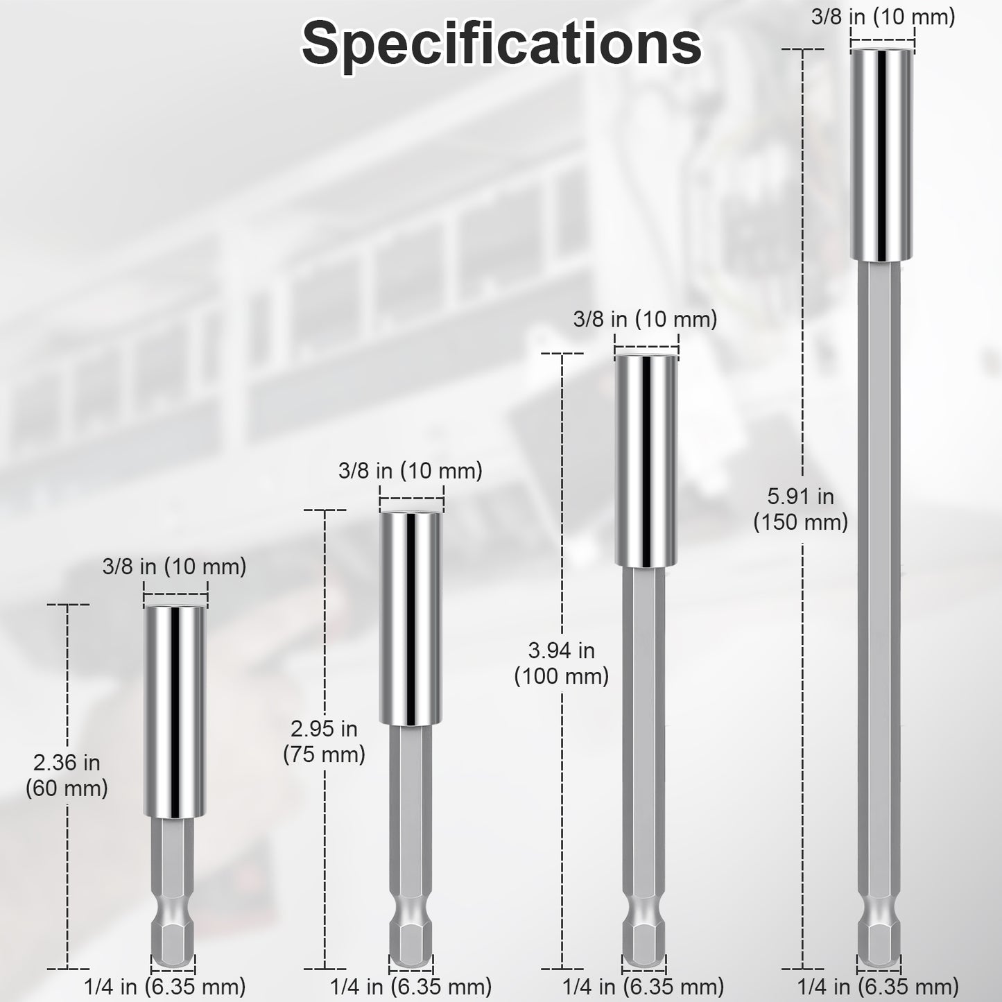 A specifications chart showing four drill bit shaft lengths labeled in inches and millimeters, with dimension lines and text on a light gray background.