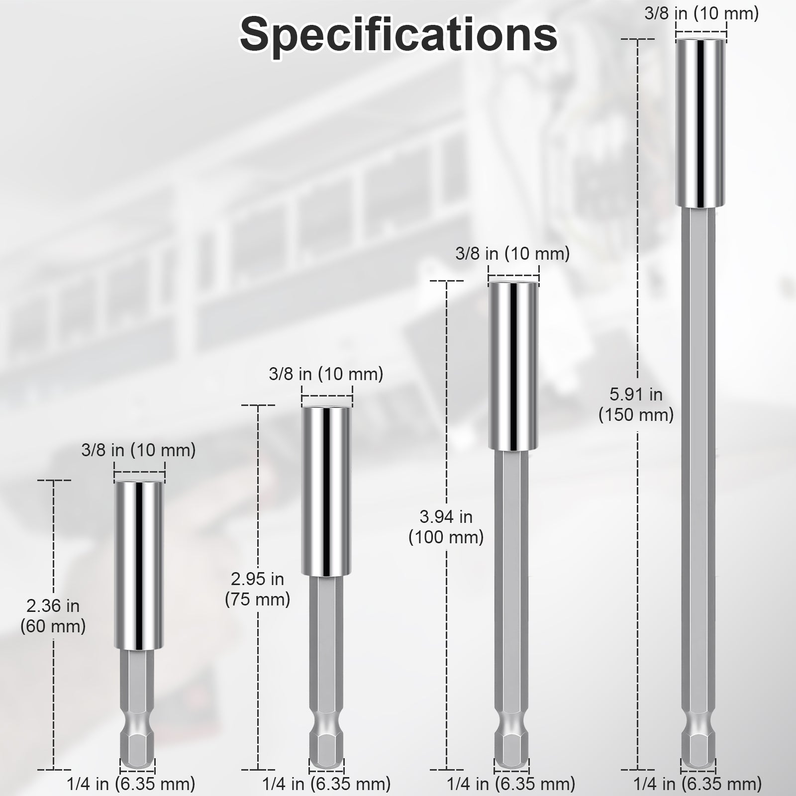 A specifications chart showing four drill bit shaft lengths labeled in inches and millimeters, with dimension lines and text on a light gray background.