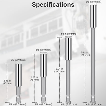 A specifications chart showing four drill bit shaft lengths labeled in inches and millimeters, with dimension lines and text on a light gray background.