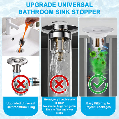 Promotional graphic for a universal bathroom sink stopper, showing three comparison panels: a traditional drain with an orange cleaning tool, a screen-free clear drain with water flowing, and a green glowing drain labeled 'Easy Filtering to Reject Blockages.' Text at the top reads 'UPGRADE UNIVERSAL BATHROOM SINK STOPPER.