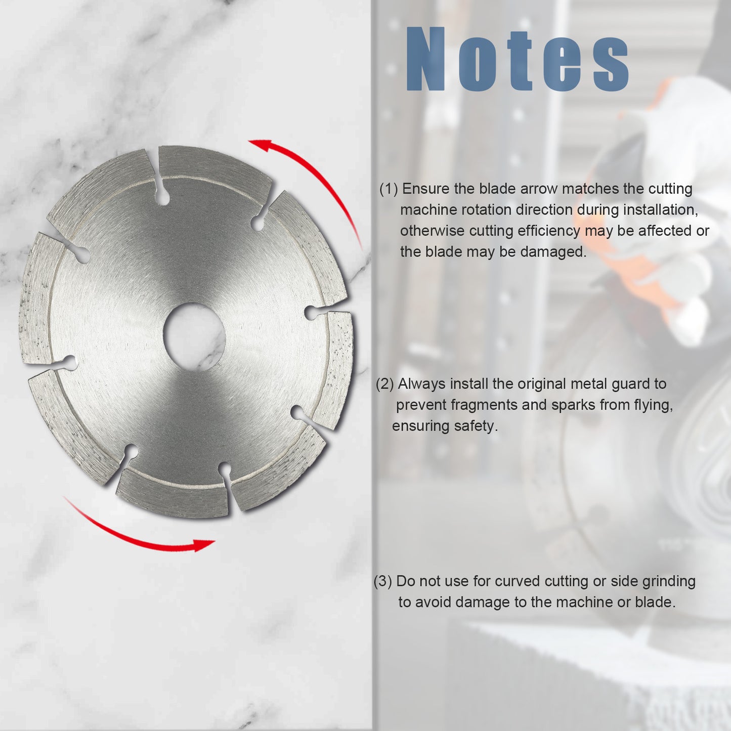 Circular saw blade with installation instructions on a marble background