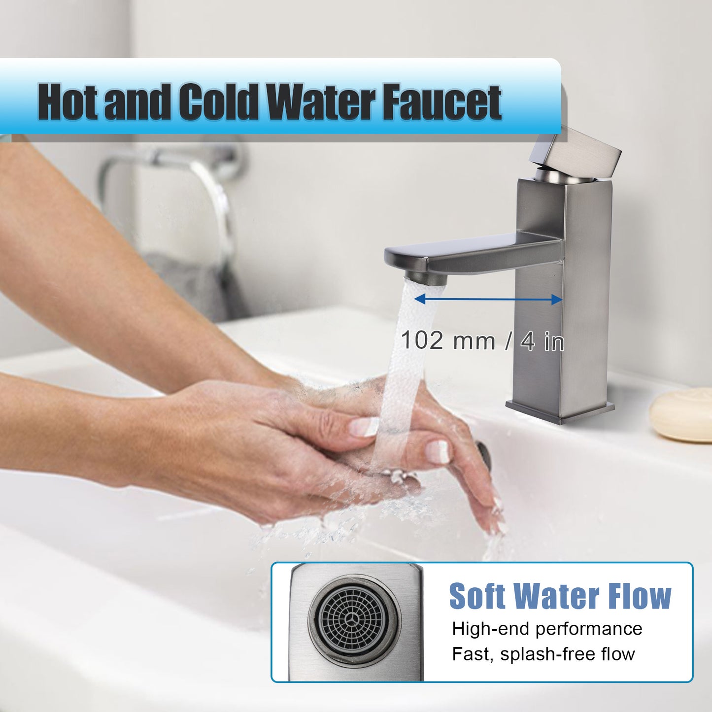 Person washing hands under a hot and cold water faucet with text highlighting features.
