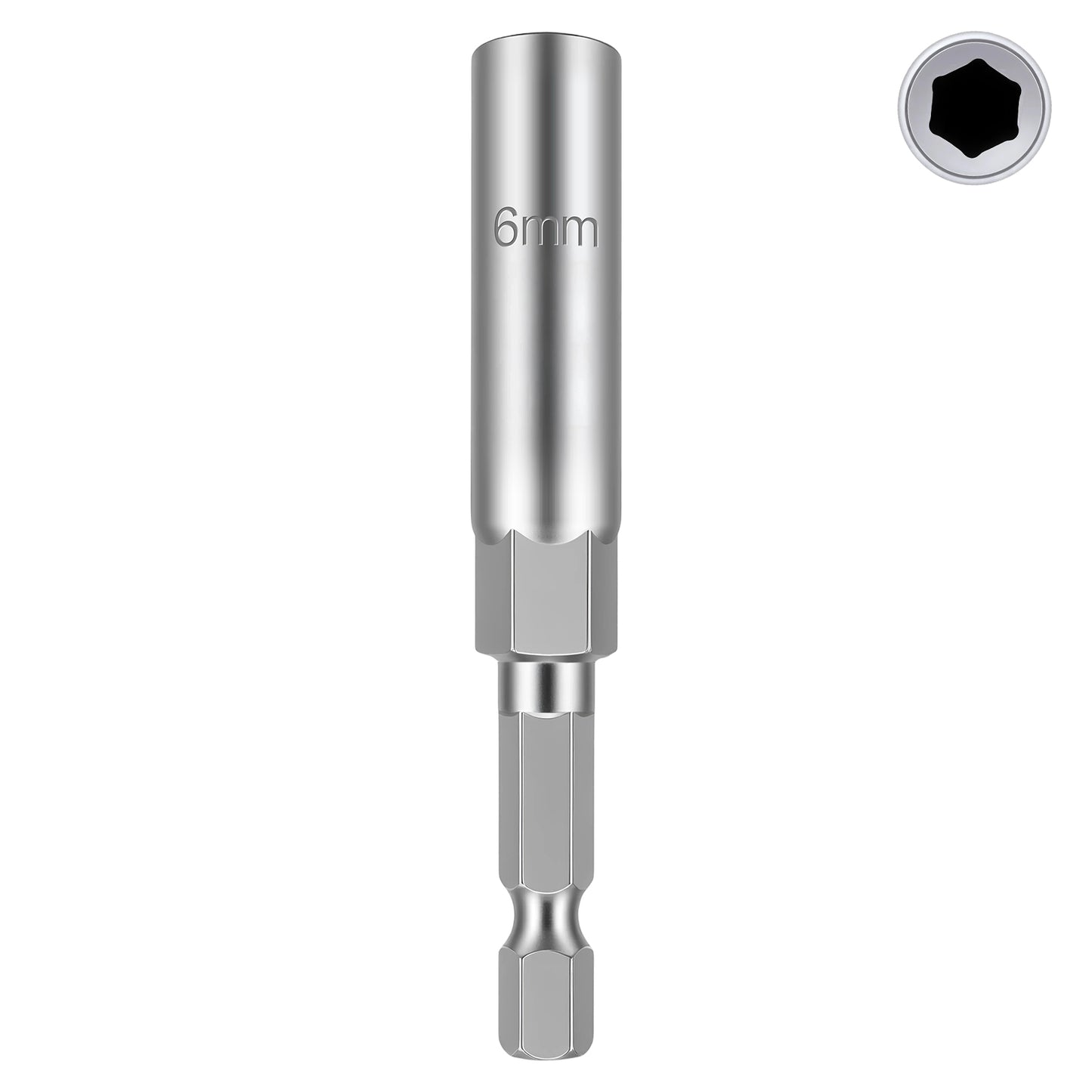 A silver metallic 6mm socket adapter tool with a hexagonal shank, shown vertically on a plain white background. A small inset in the top right shows a black hexagonal socket opening.