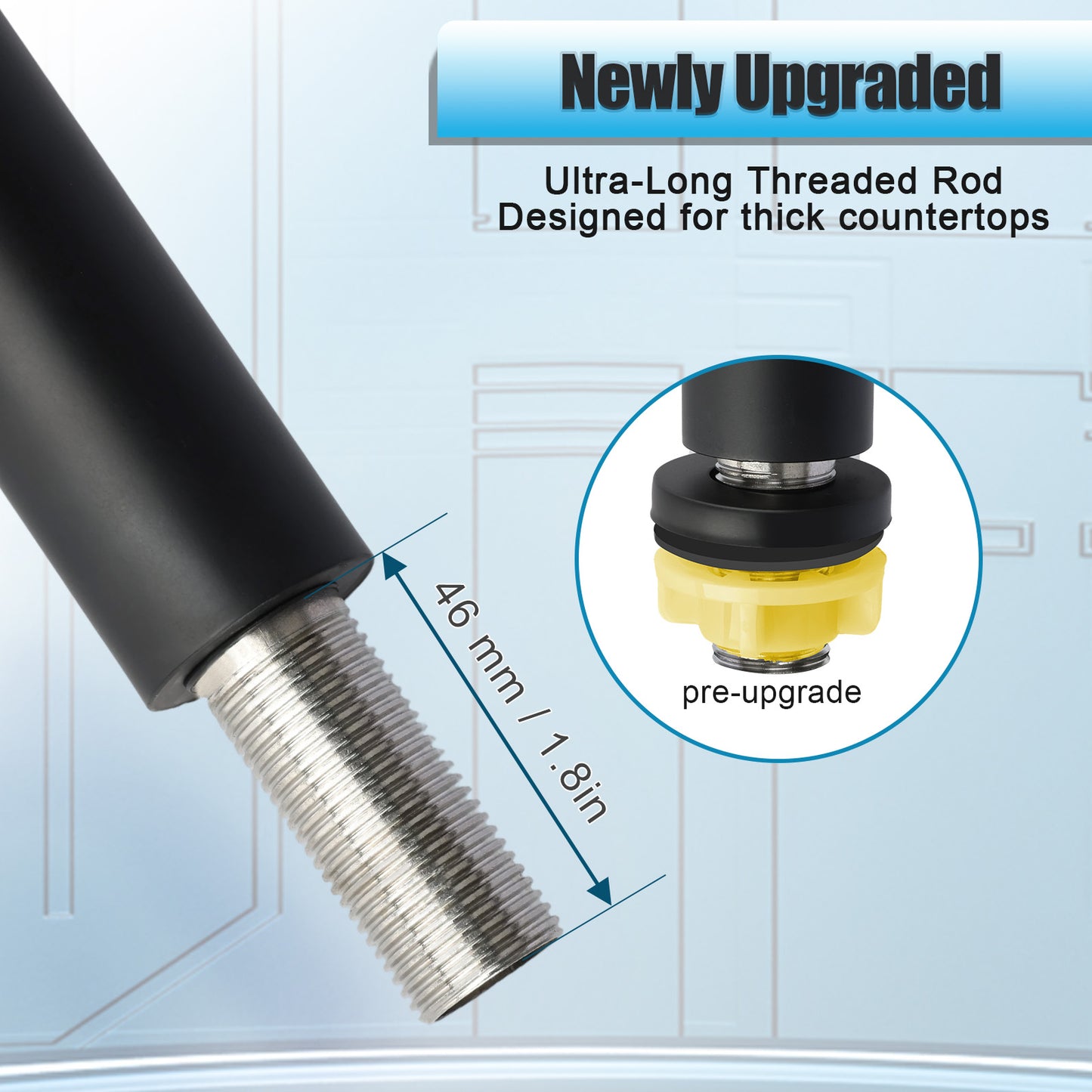 Ultra-long threaded rod with black and yellow components on a light blue background