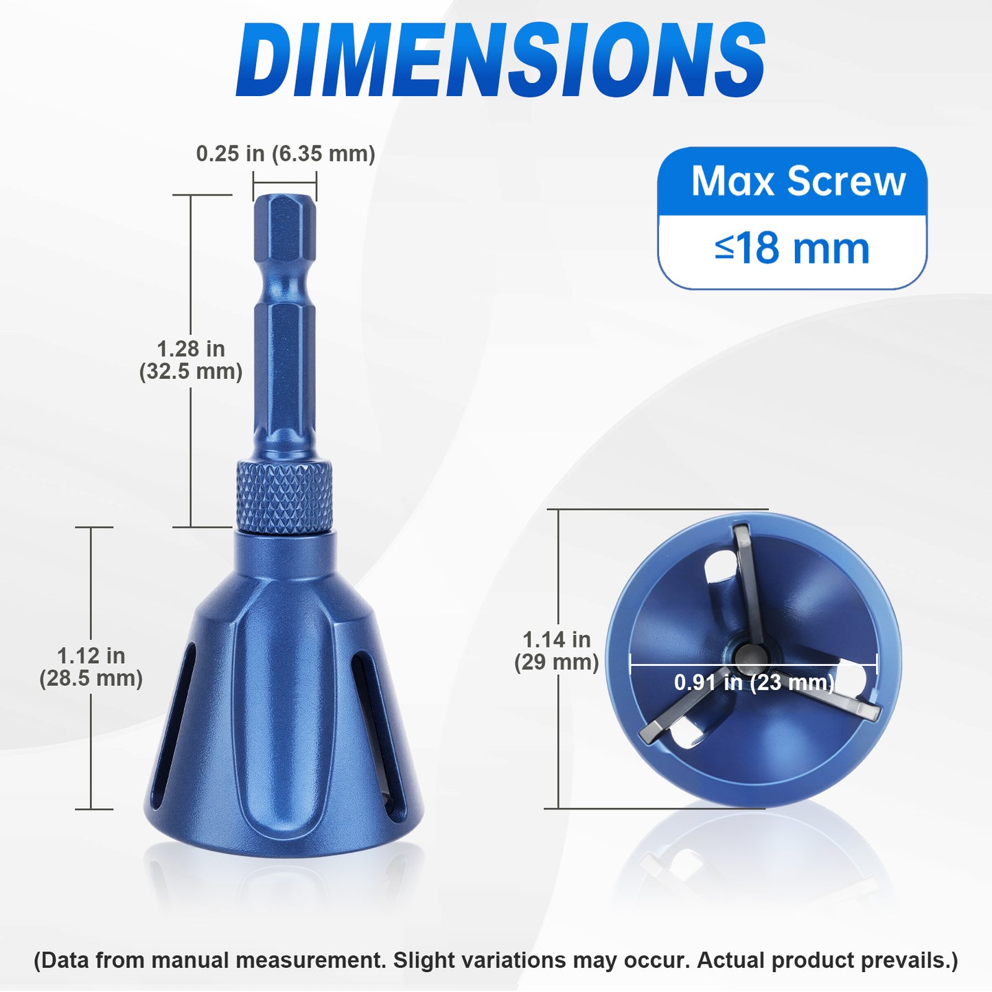 A blue metal tool with dimension callouts and a circular cross-section inset, labeled with measurements such as 0.25 in (6.