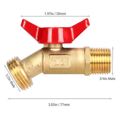 Brass Y-valve with red handle and measurements on a white background