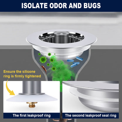 Technical product graphic showing a sink drain with text reading 'ISOLATE ODOR AND BUGS,' plus callout panels explaining the first and second leakproof rings and green odor-bug illustrations.