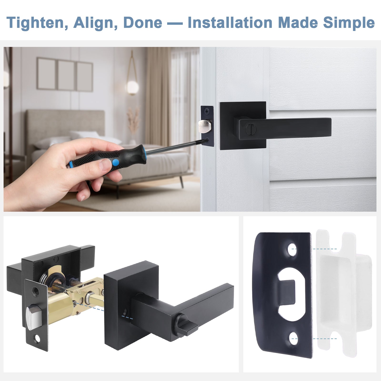 Door handle installation process with tools and hardware components.