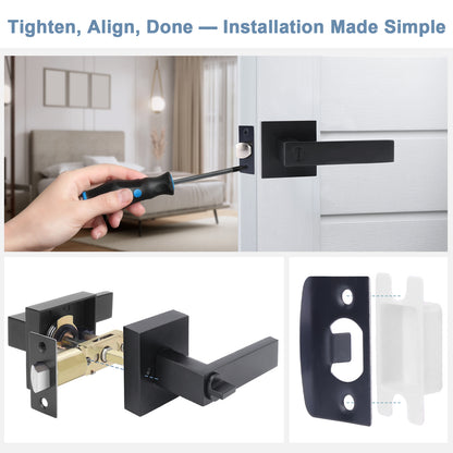 Door handle installation process with tools and hardware components.