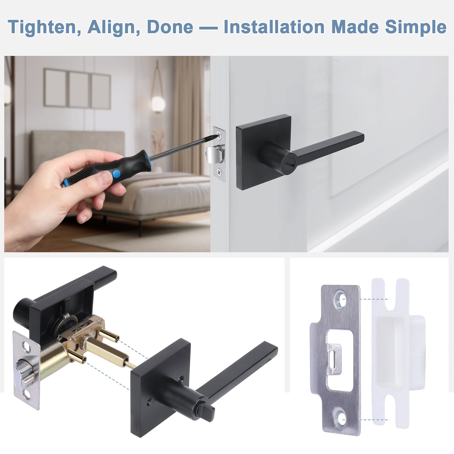 Door handle installation process with tools and hardware components.