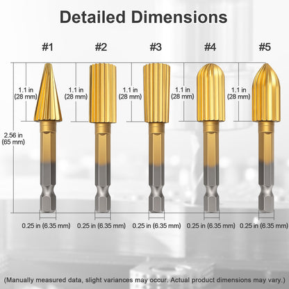 Set of five gold drill bits with labeled dimensions on a white background