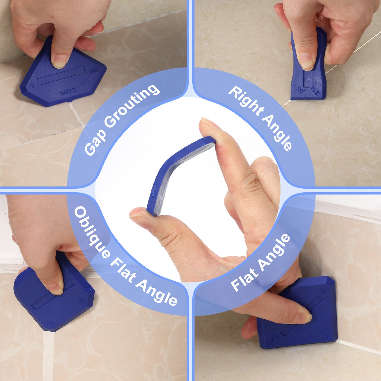 Blue tool used for grouting and angles on a tiled surface