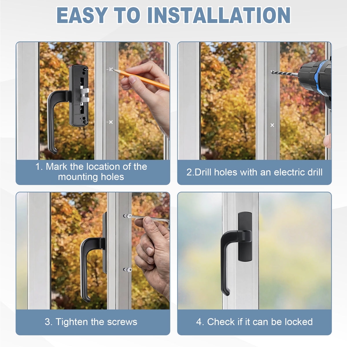 Installation guide graphic with four panels showing how to mount a black window lock handle on a silver window frame. The panels include marking the mounting holes, drilling holes with an electric drill, tightening screws, and checking if the lock is locked in place.