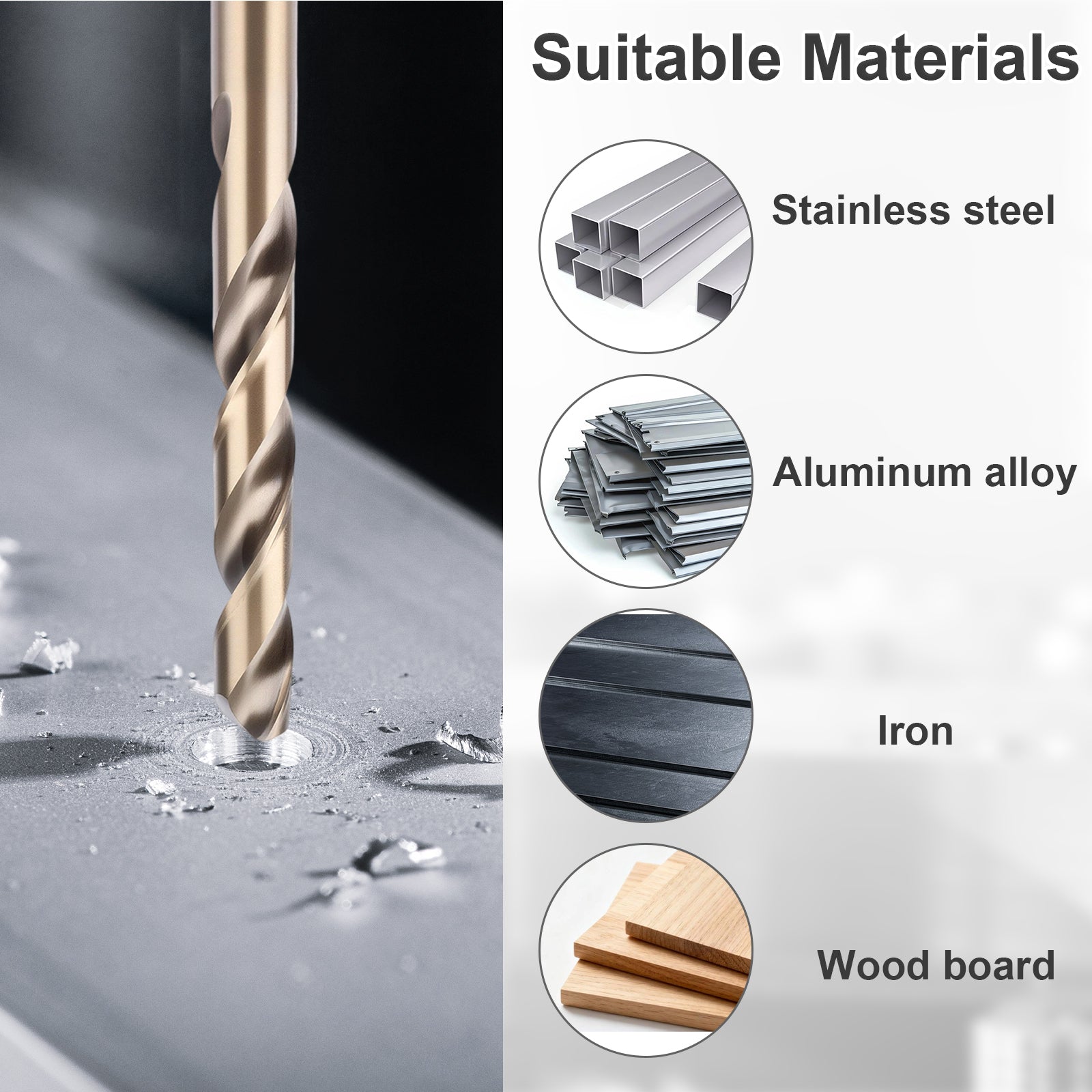 Drill bit with material compatibility icons on a gray background