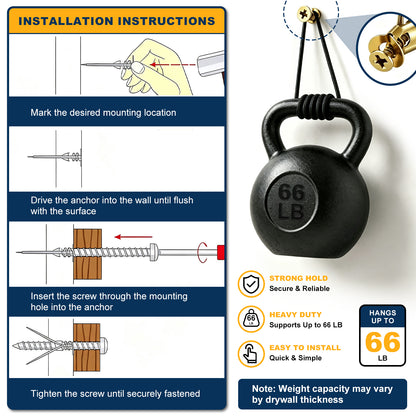 Installation instructions graphic for a black 66 lb kettlebell with wall mounting hardware. The left side shows step-by-step installation with a hand icon, anchor, and screw, while the right side shows the kettlebell hanging, a close-up of the hook, and feature icons for strong hold, heavy duty, and easy to install.