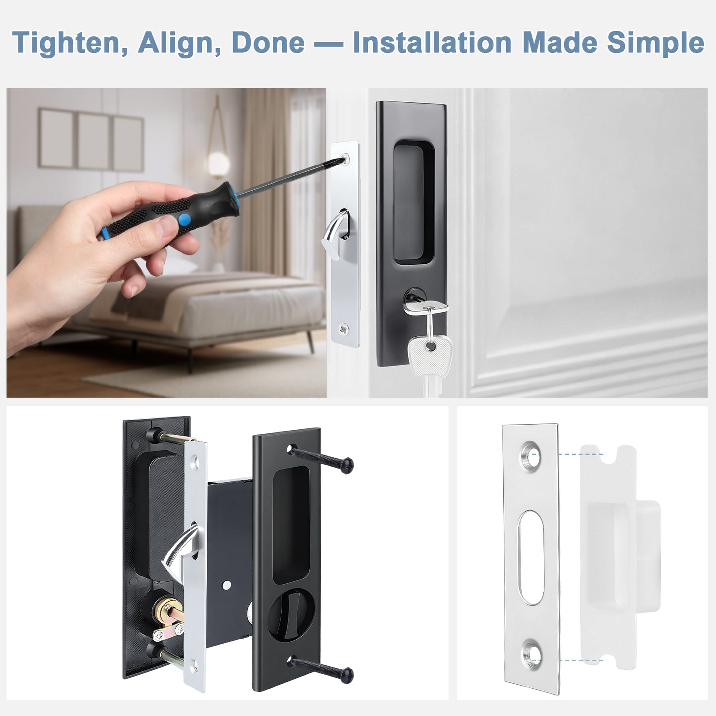 Door lock installation process with a hand using a screwdriver and close-up of lock components.