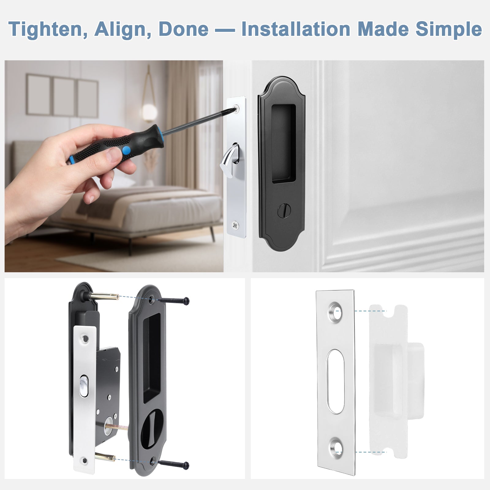 Door lock installation process with a hand using a screwdriver, showing hardware components and a completed lock installation.